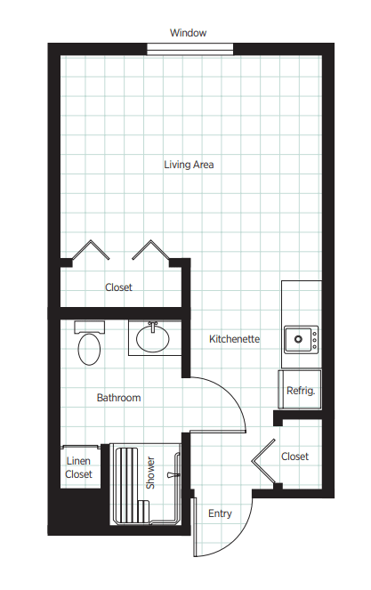 Studio apartment floor plan with living area, bathroom, kitchen, and closets.