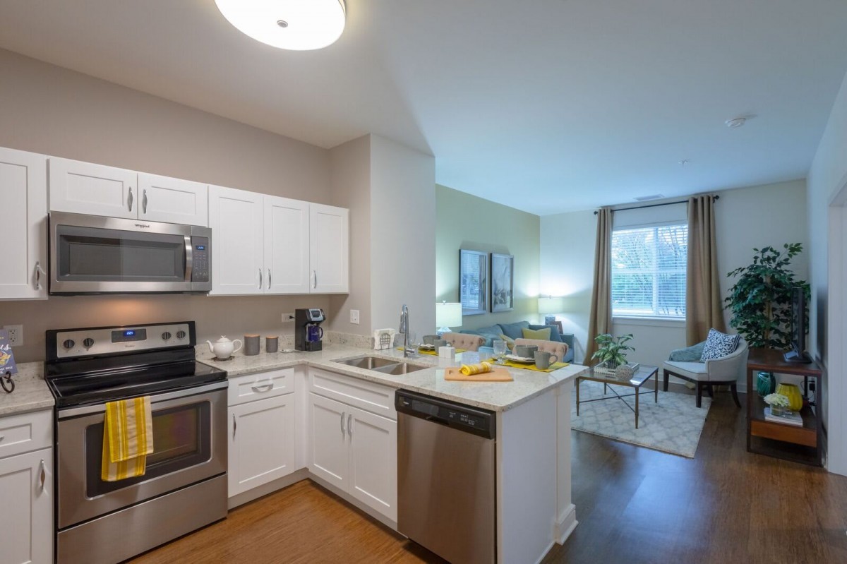 A modern open-concept apartment featuring a kitchen and living room area.