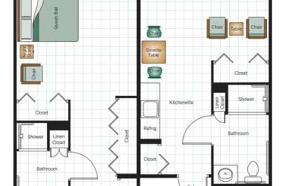 A floor plan showing the layout of several rooms with labeled areas such as closets and bathrooms.