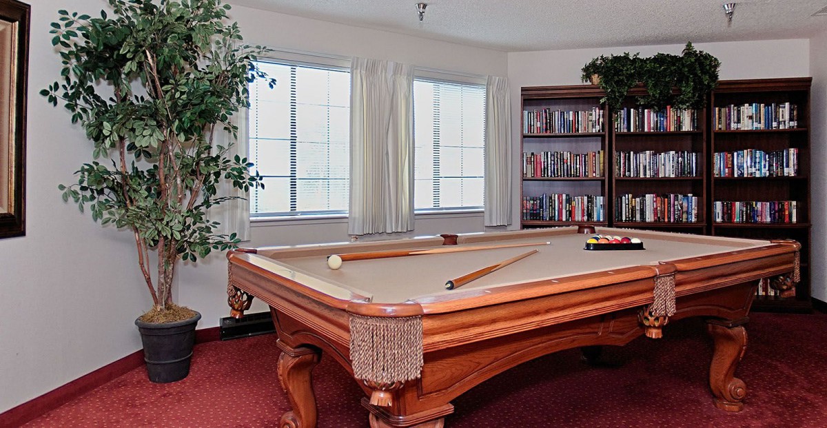 A cozy game room featuring a billiard table, pool cues, and bookshelves by the windows.