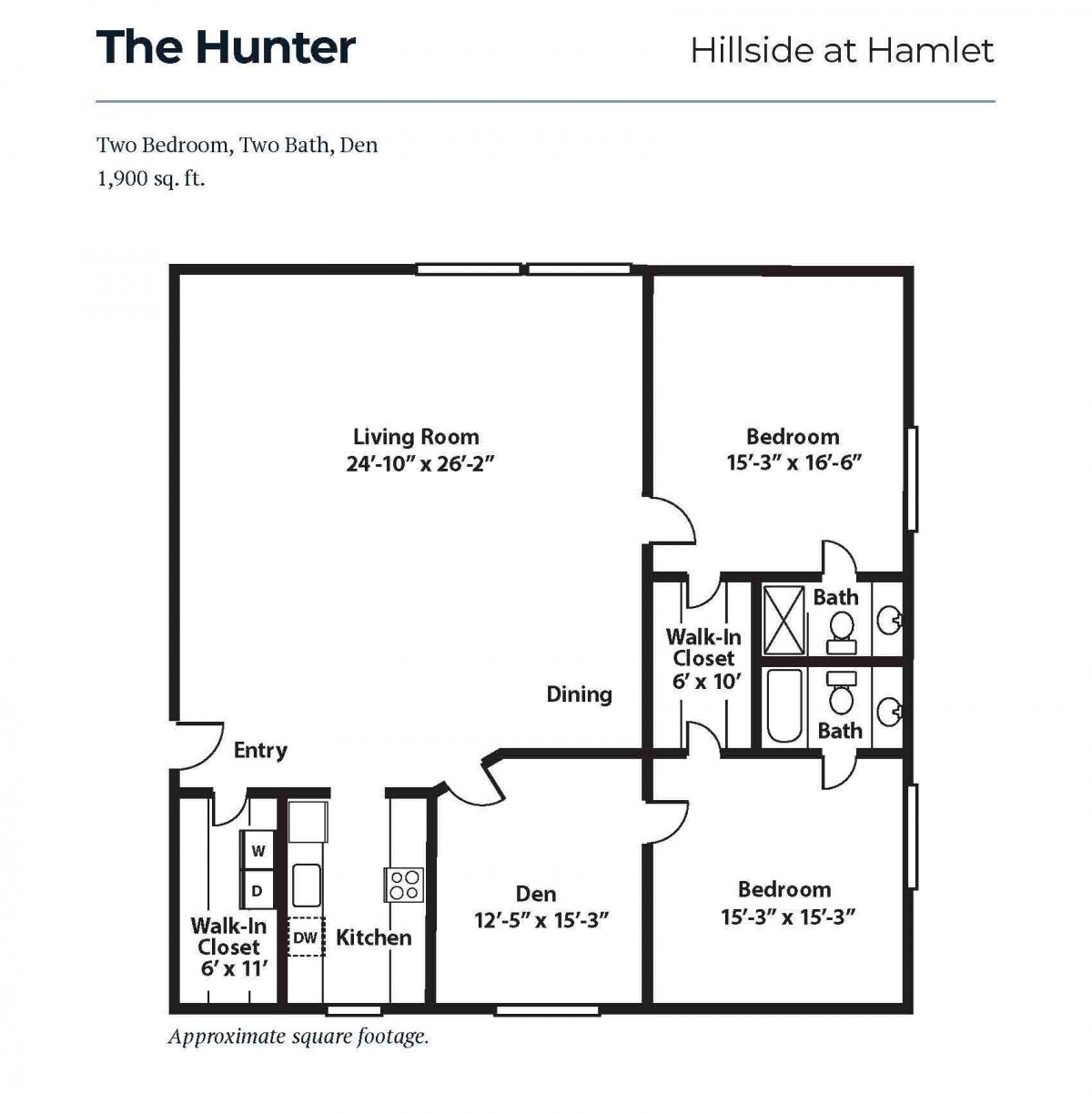 Floor plan of 'The Hunter' apartment with 2 bedrooms and a den.
