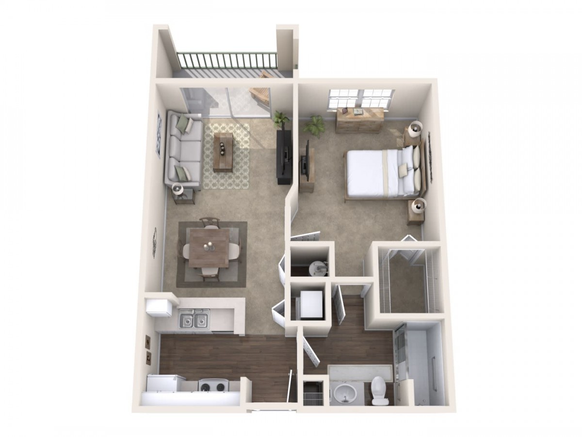 A one-bedroom apartment floor plan featuring a living room, kitchen, bathroom, and balcony.