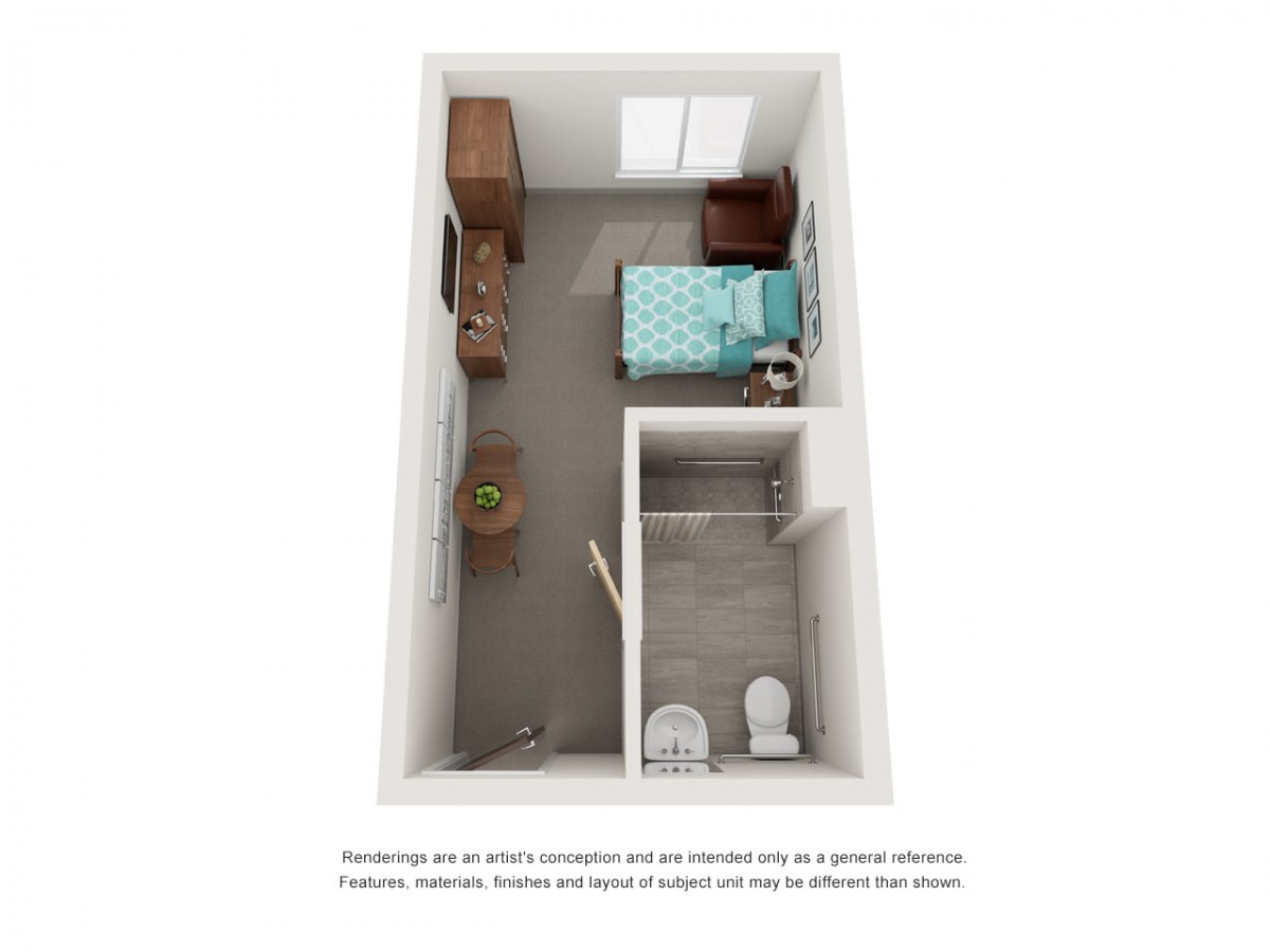 3D floor plan of a compact studio apartment featuring a bedroom and bathroom.