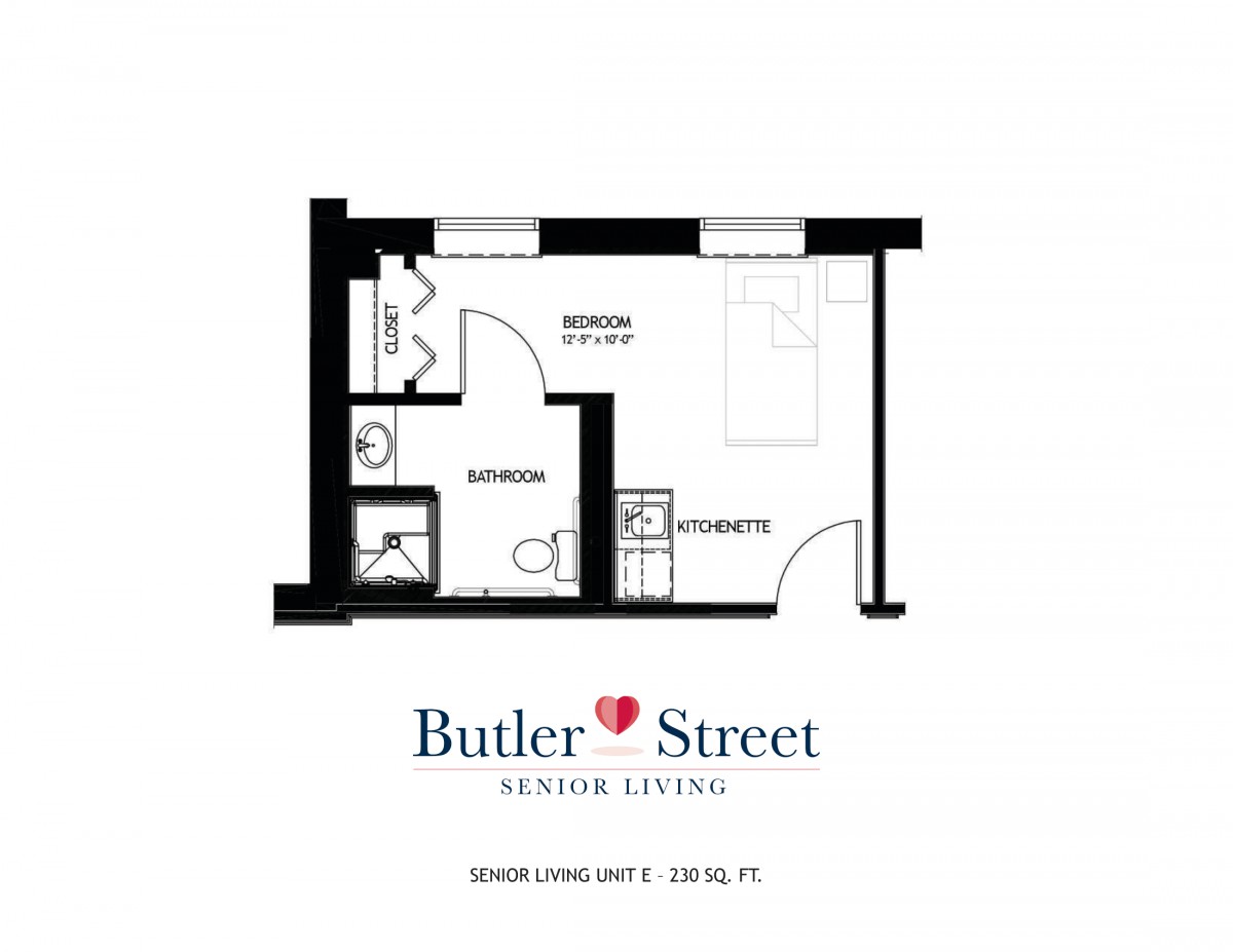 Floor plan of a studio apartment at Butler Street Senior Living.