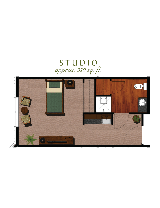 A floor plan of a cozy studio apartment with an open layout, including a bed, seating area, kitchen, and bathroom.