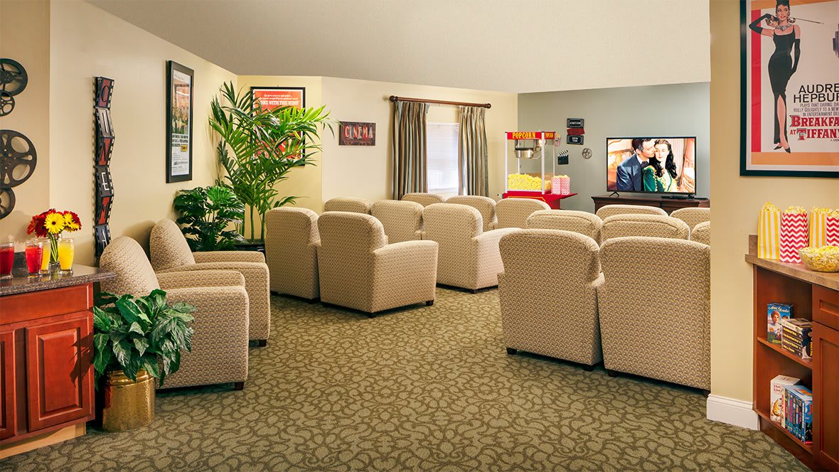 A cozy entertainment room with rows of comfortable chairs facing a television, complemented by a popcorn machine and indoor plants.