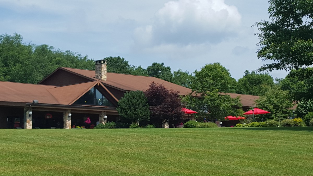 A large house with a sloping roof surrounded by a well-maintained lawn and various trees.