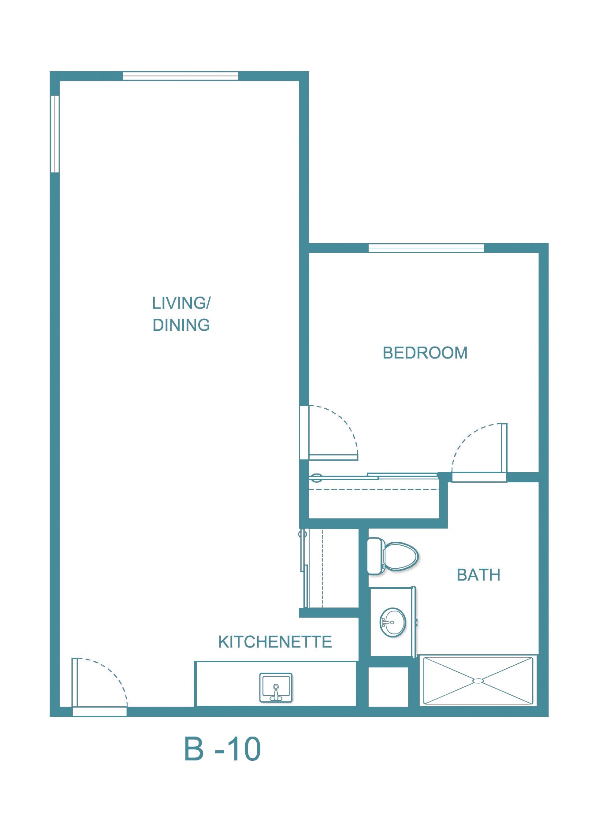 A floor plan of a one-bedroom apartment featuring a living/dining area, bathroom, and storage space.
