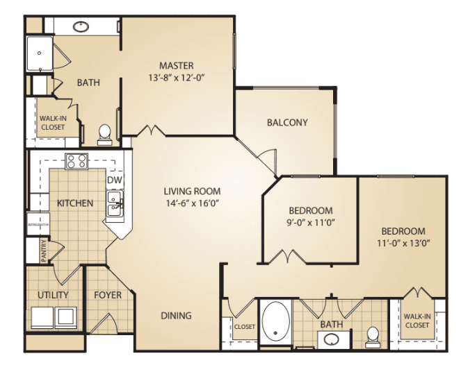 A detailed floor plan of a three-bedroom apartment with living and dining areas, a kitchen, and two bathrooms.