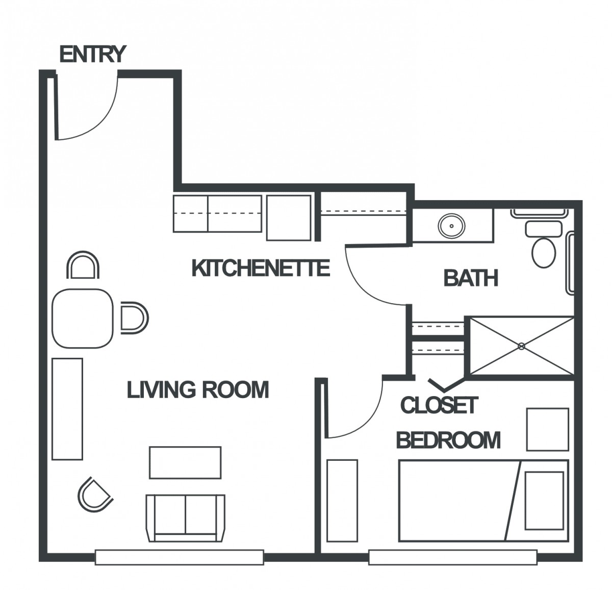 A floor plan of a compact apartment featuring a living room, kitchenette, bedroom, and bathroom.
