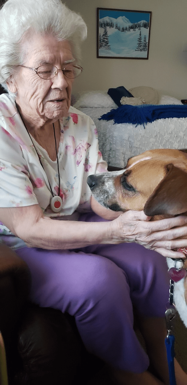 An elderly person lovingly interacts with a dog at home.