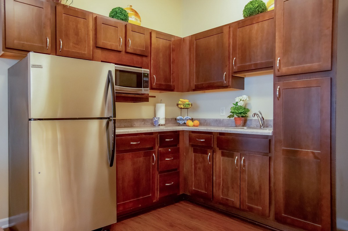 A modern kitchen with wooden cabinets and stainless steel appliances, decorated with plants.