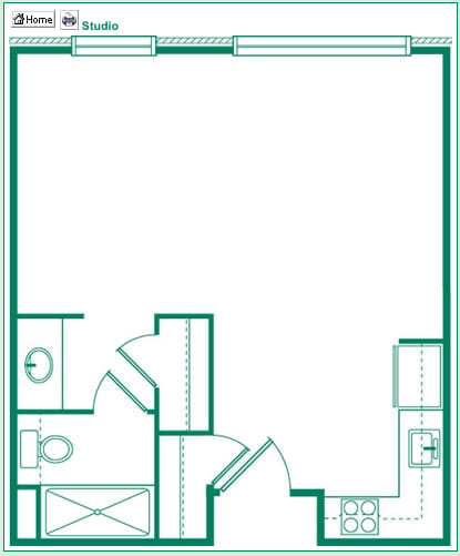 A simple architectural floor plan featuring a single room with bathroom and kitchen areas.