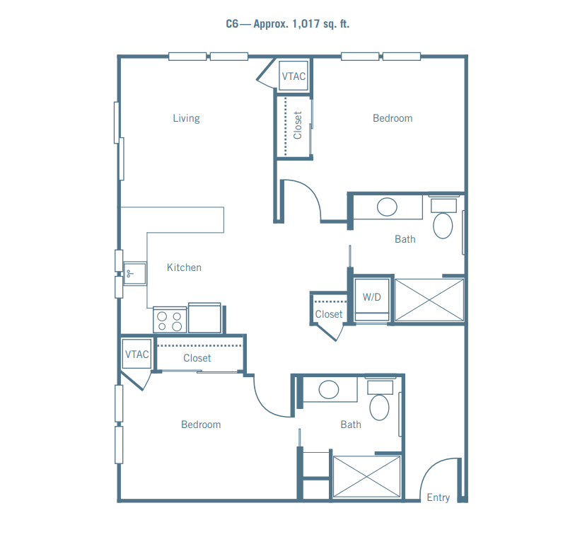 A floor plan of a two-bedroom apartment with living room, kitchen, and bathrooms.