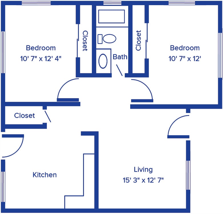 A floor plan of a two-bedroom apartment featuring a living room, kitchen, and bathroom.