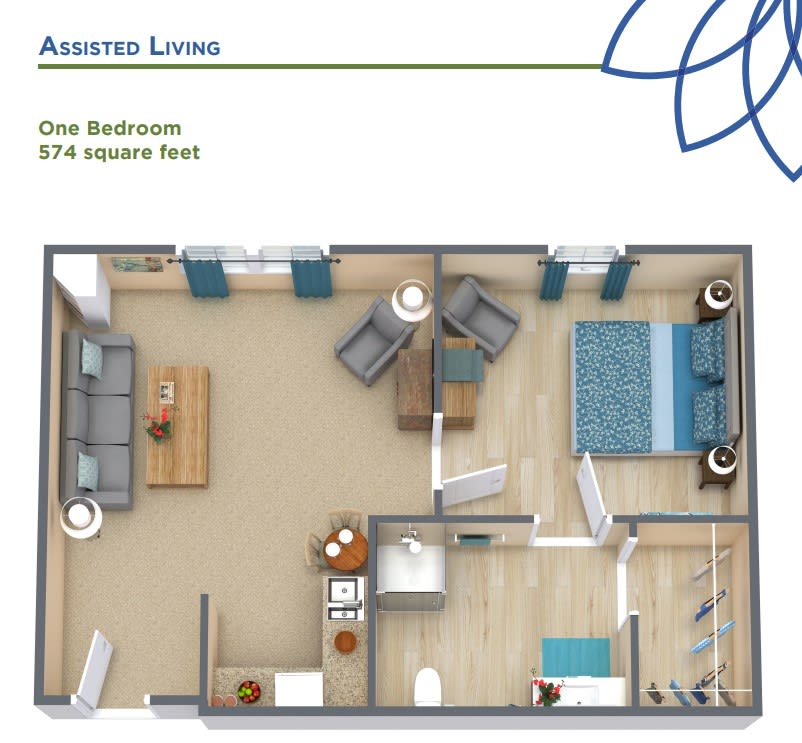 One-bedroom assisted living apartment floor plan, measuring 574 square feet.