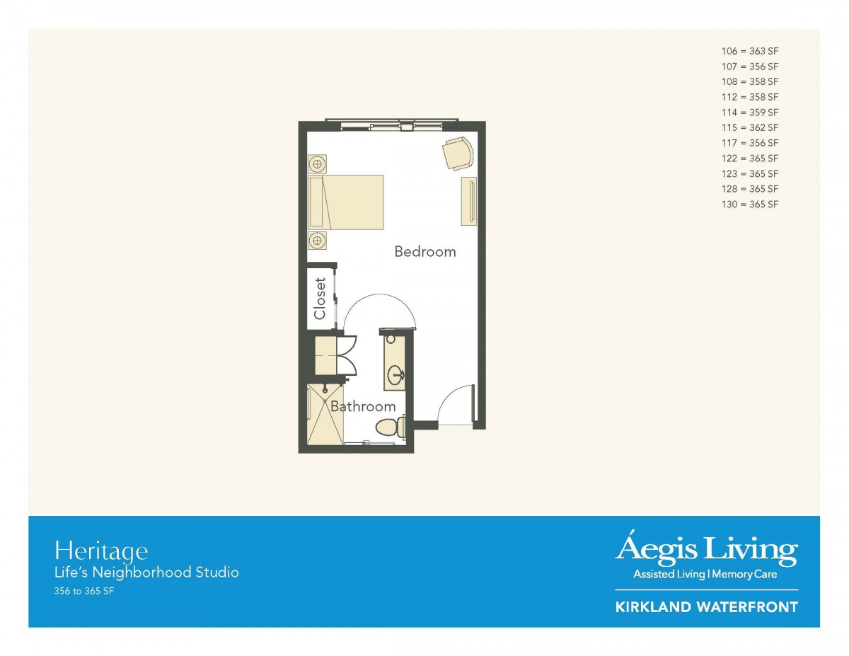 Studio apartment floor plan with designated bedroom and bathroom areas.