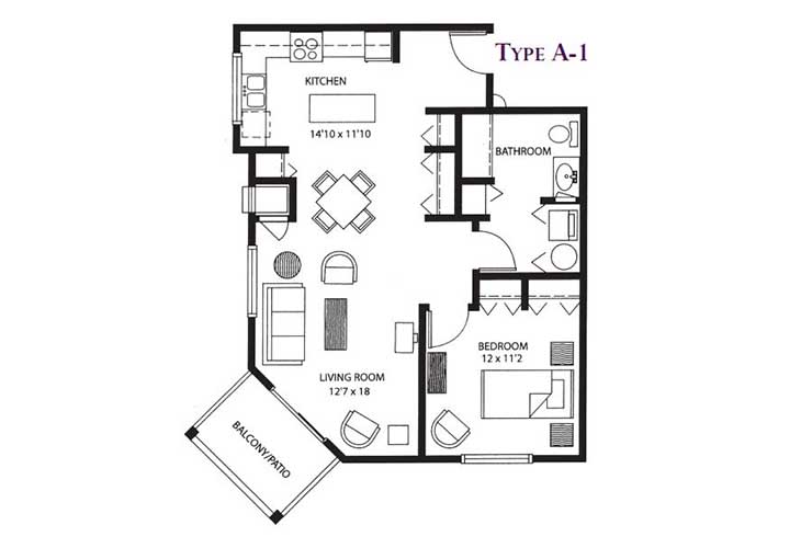 A detailed floor plan labeled as Type A-1, depicting an apartment layout with designated areas for a bedroom, living room, kitchen, dining area, and balcony.