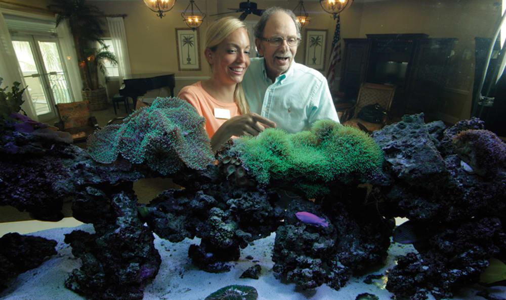 Two people observing a coral exhibit in an indoor setting.