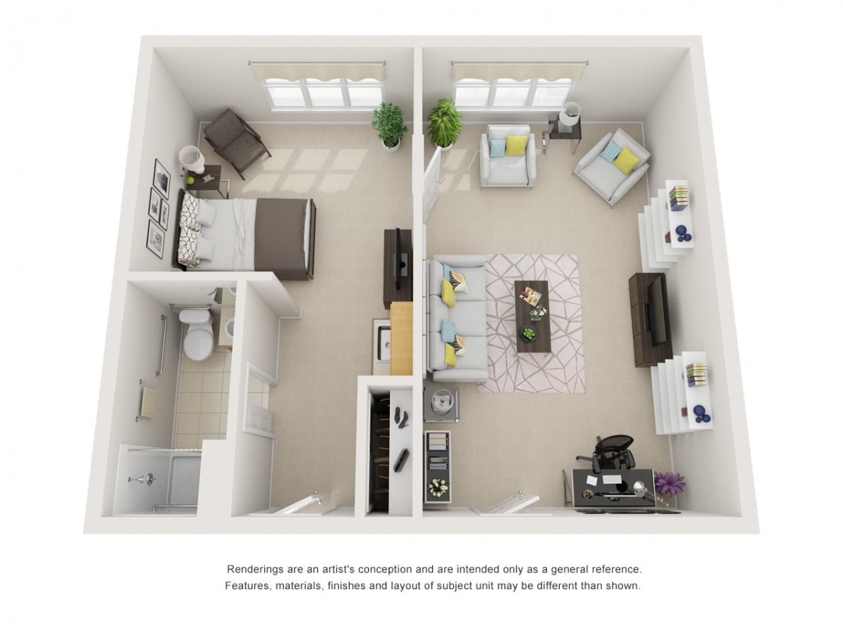 A 3D floor plan of a one-bedroom apartment showcasing the living room, bedroom, bathroom, and kitchen.