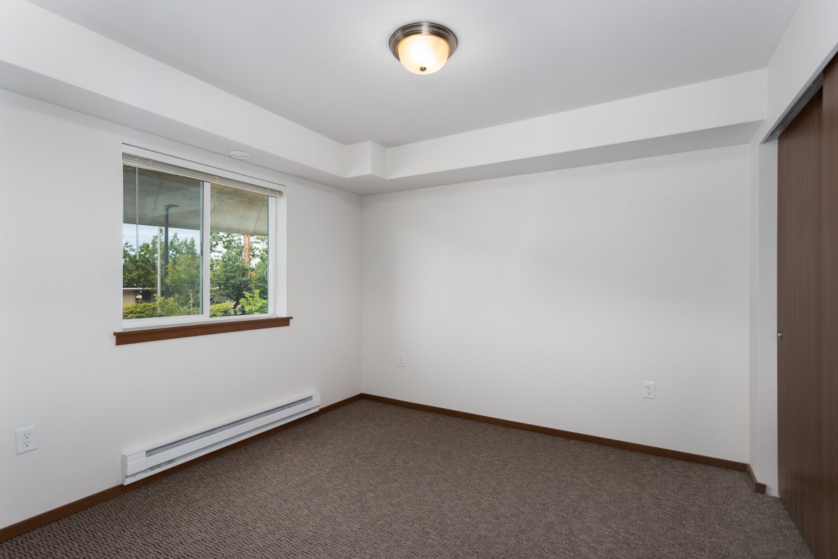 A vacant room with white walls and a carpeted floor, featuring a window and ceiling light.