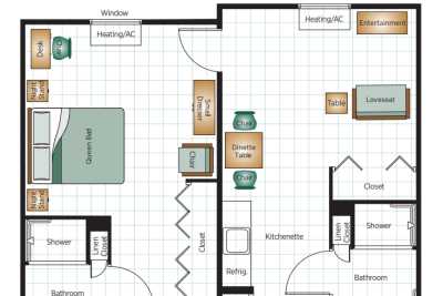 A detailed floor plan showing the layout of an apartment with labeled rooms and furniture.