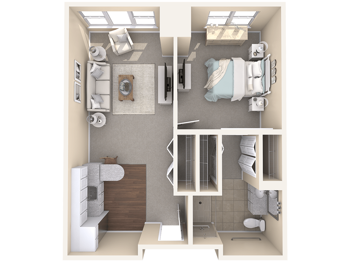 A 3D floor plan of a one-bedroom apartment featuring a living room, kitchen, and bathroom.