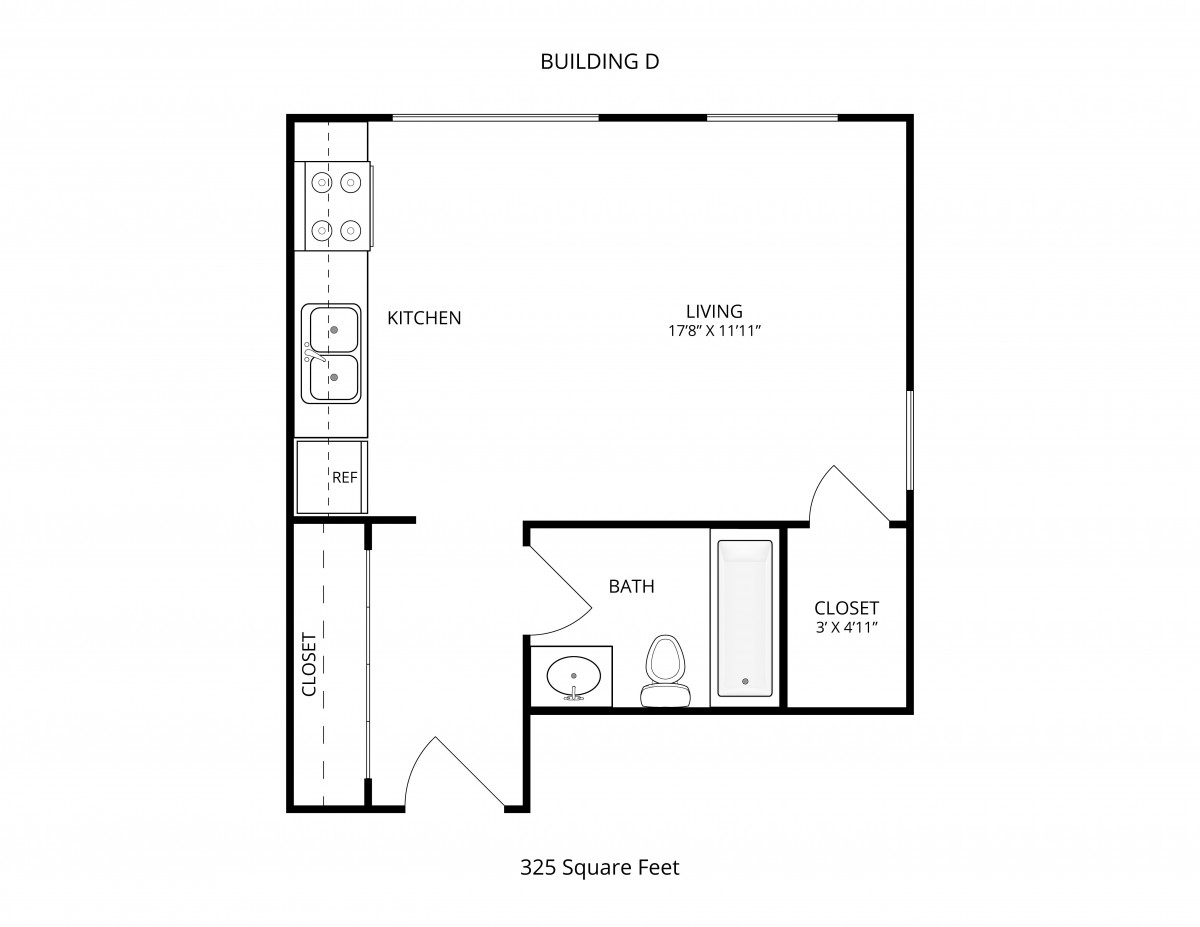 A 625 square feet studio apartment floor plan with a kitchen, living area, bathroom, and closet.