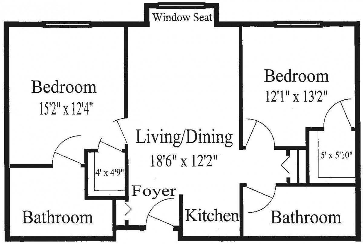 This is a floor plan of an apartment showing the layout and dimensions of rooms including living/dining area, bedrooms, kitchen, bathrooms, and foyer.