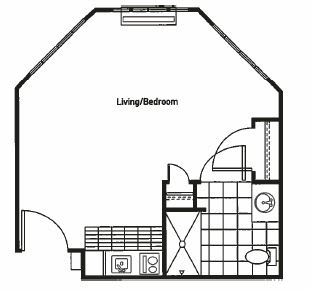 A floor plan of a studio apartment showcasing the layout of the living/bedroom area and bathroom.