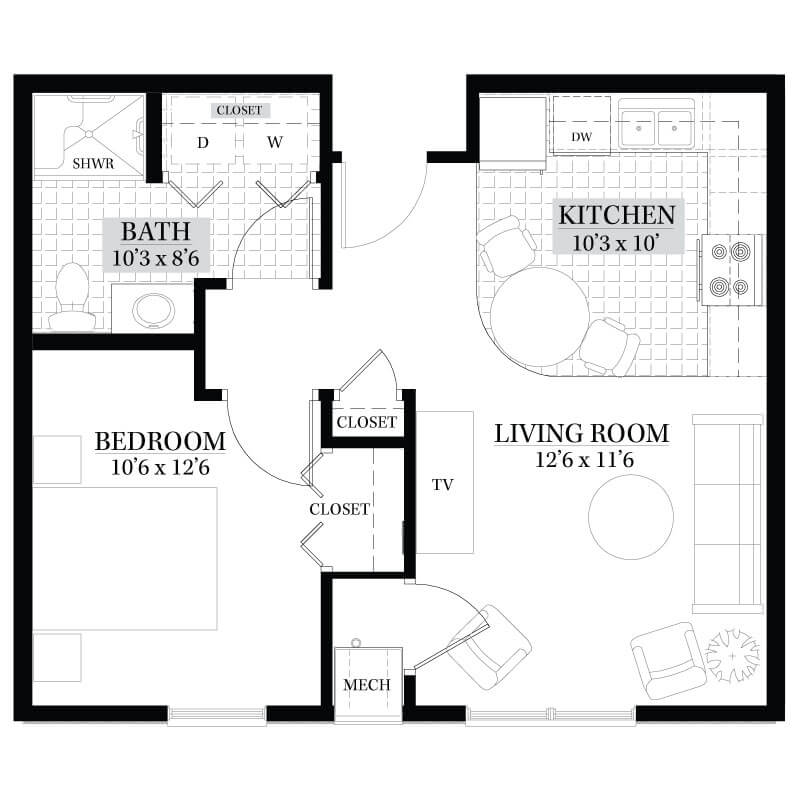 Floor plan of a one-bedroom apartment with labeled rooms including a kitchen, living room, and bathroom.
