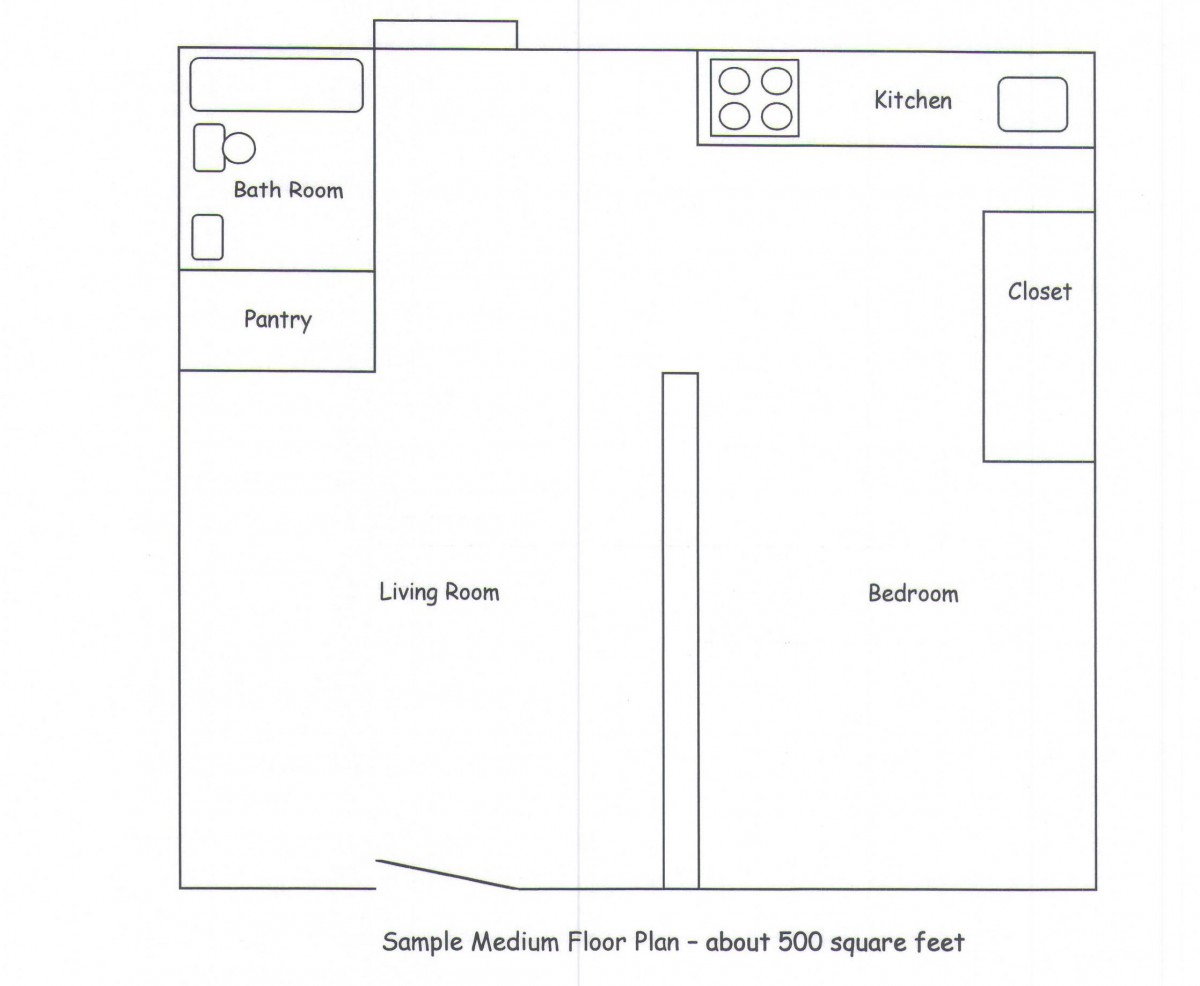Sample studio apartment floor plan measuring approximately 500 square feet.