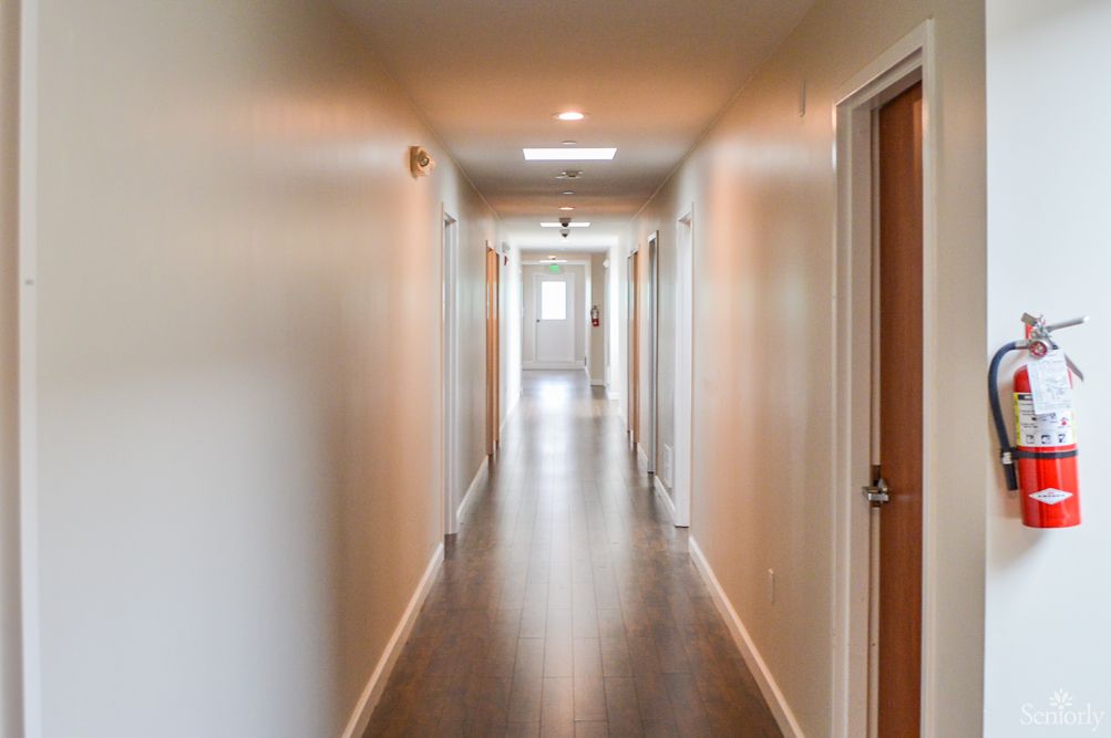 A modern hallway with several doors and overhead lighting.