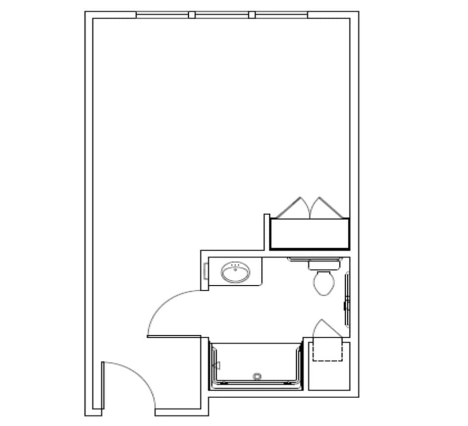 A simple floor plan of a room featuring bathroom and closet areas.