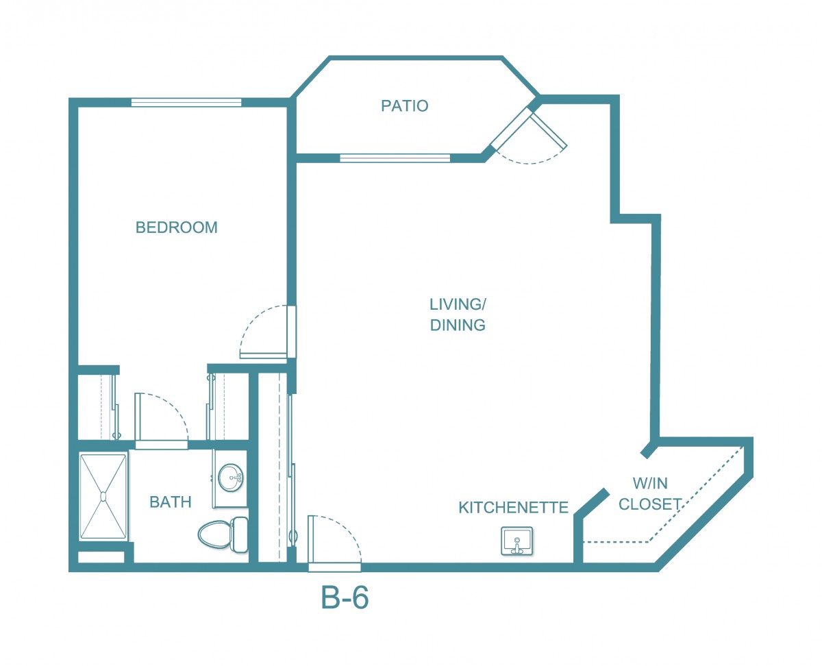 A simple floor plan of an apartment showing the bedroom, living room, kitchenette, and bathroom.