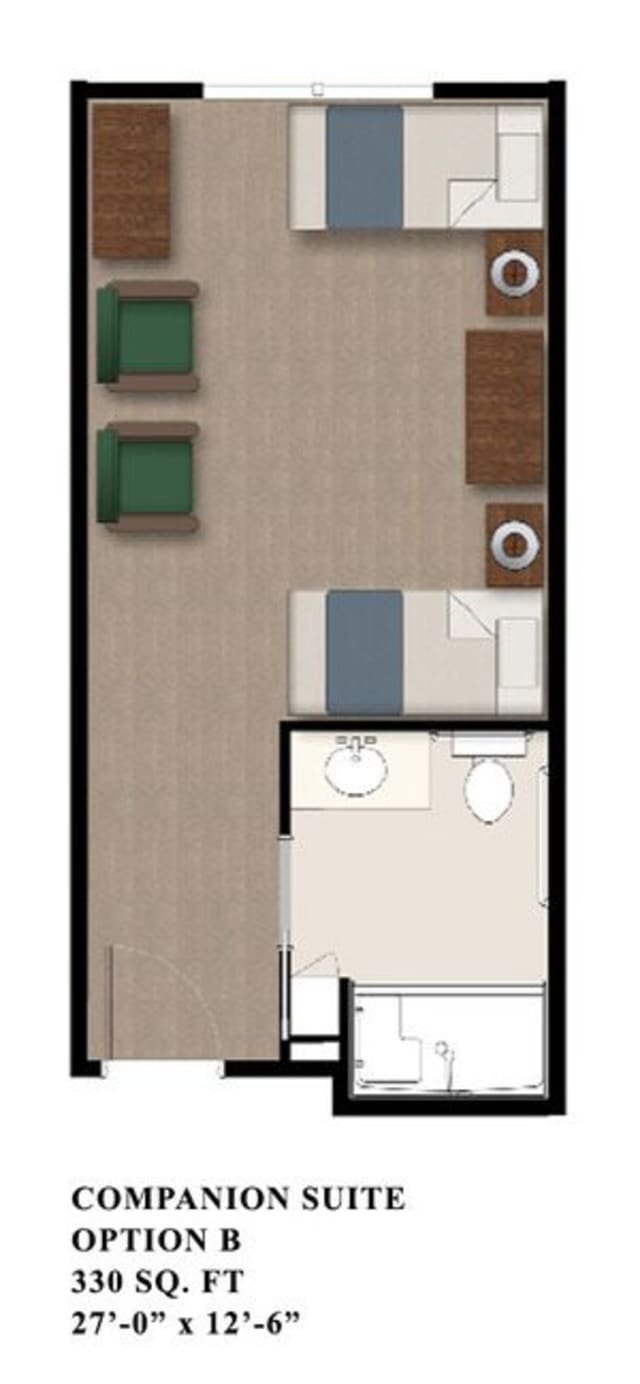 A simple and compact floor plan featuring a bedroom with an attached bathroom.