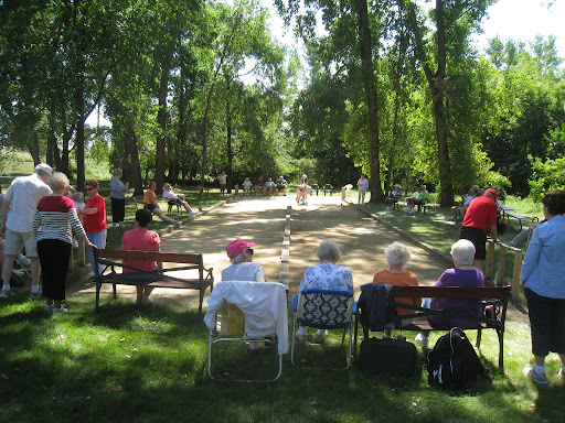 Elderly individuals enjoying a sunny day at the park, watching a game of bocce ball.