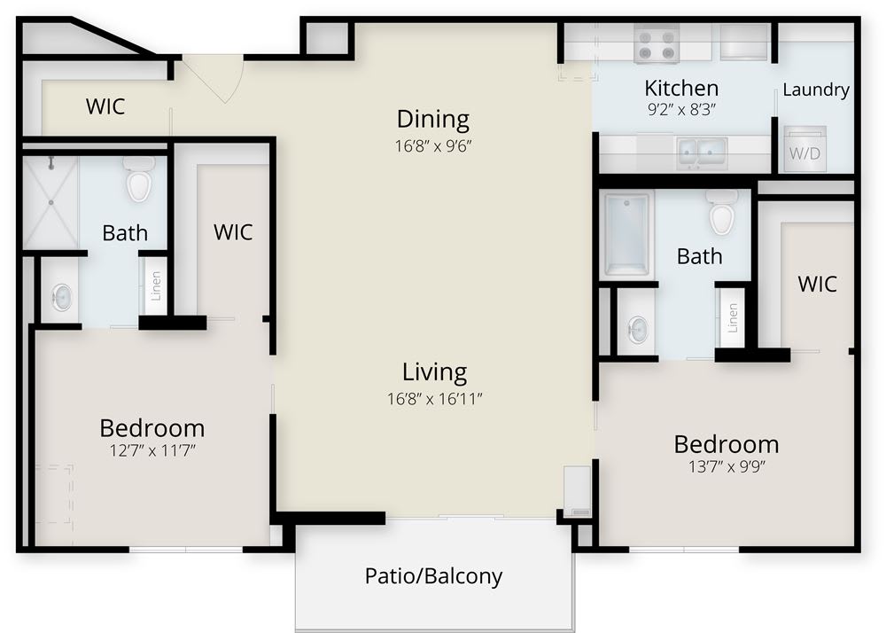 A floor plan for a two-bedroom apartment featuring a living and dining area, kitchen, and balcony.