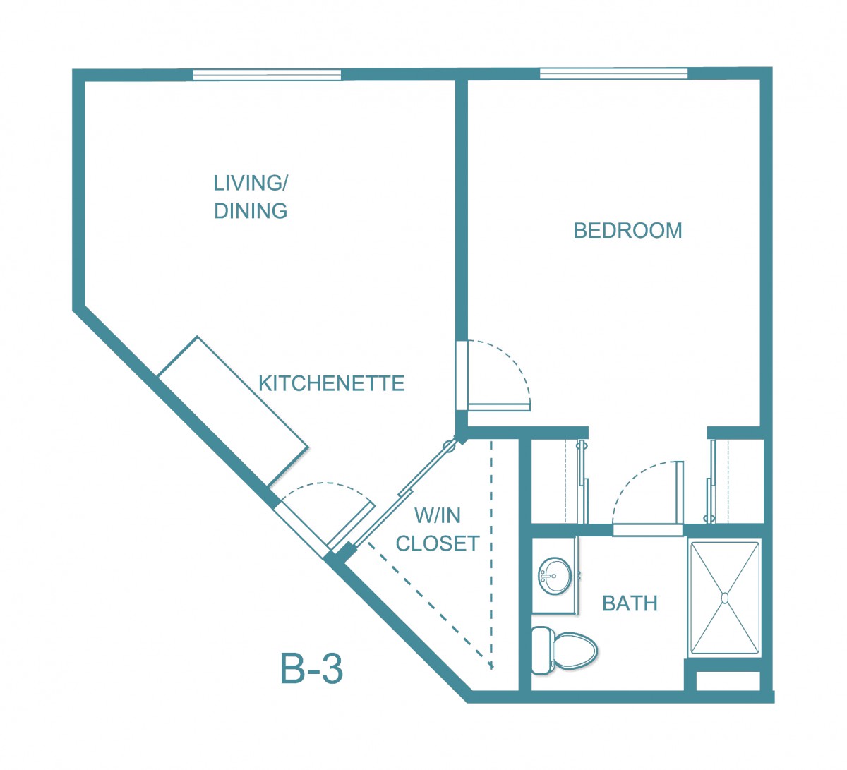 Blueprint of a B-3 apartment layout featuring living/dining area, kitchenette, bedroom, bath, and walk-in closet.