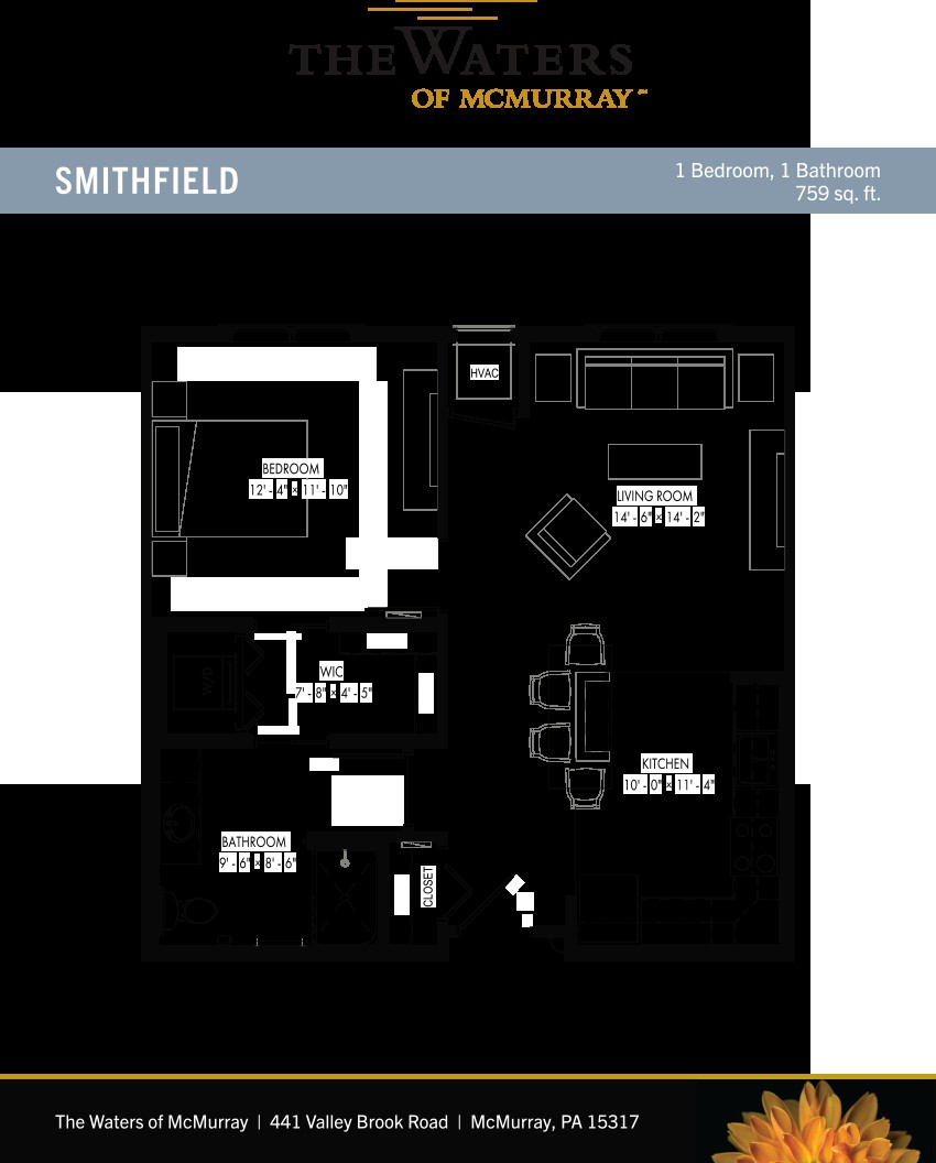 Floor plan of a two-bedroom, one-bathroom apartment at Smithfield.