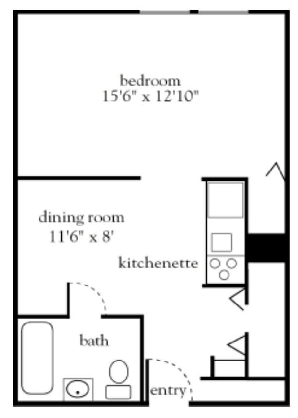 A simple floor plan of an apartment featuring a bedroom, dining room, kitchenette, and bathroom.