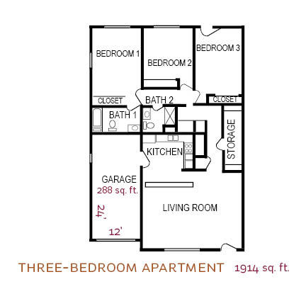 A floor plan of a three-bedroom apartment with labeled rooms and dimensions.