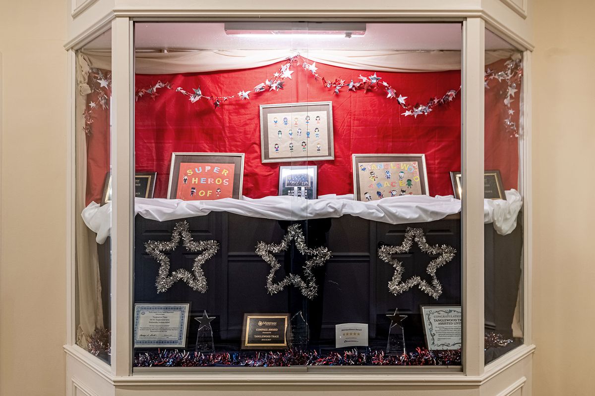 A decorative display showcasing framed awards and certificates against a red backdrop, adorned with star motifs.