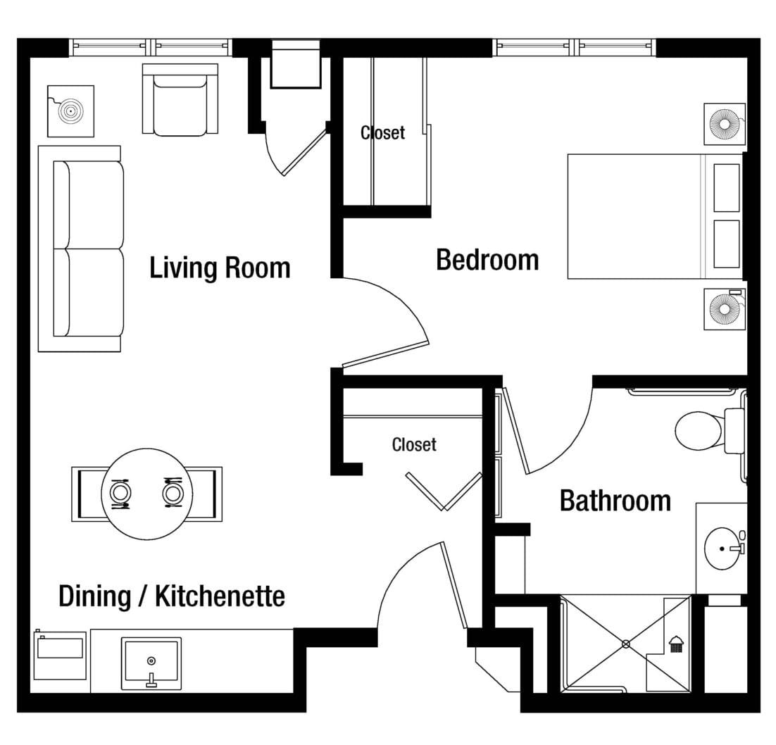 A simple floor plan of a one-bedroom apartment featuring a living room, kitchenette with dining area, bathroom, and closets.
