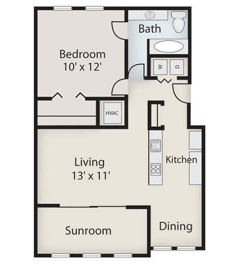 This is a floor plan of a one-bedroom apartment featuring a living room, kitchen, dining area, bathroom, and sunroom.