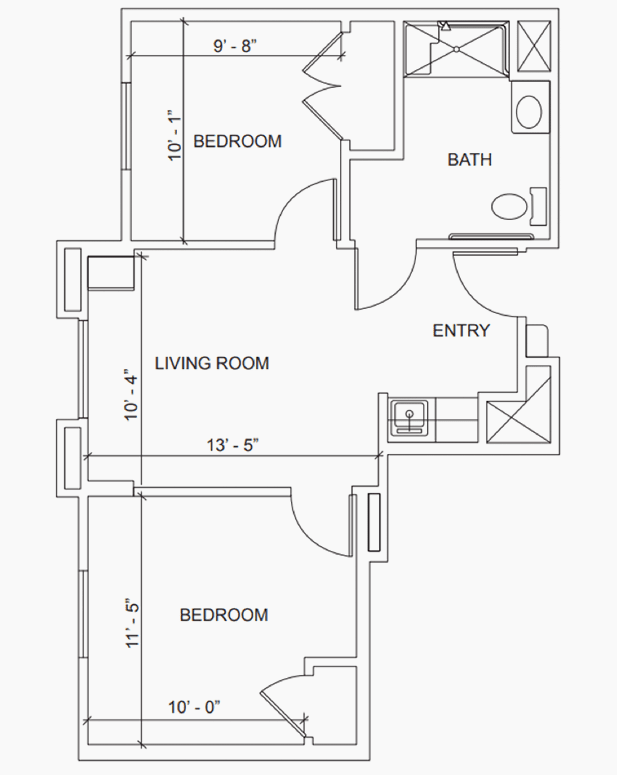 Blueprint of a two-bedroom apartment layout with living room, bathroom, and entry.