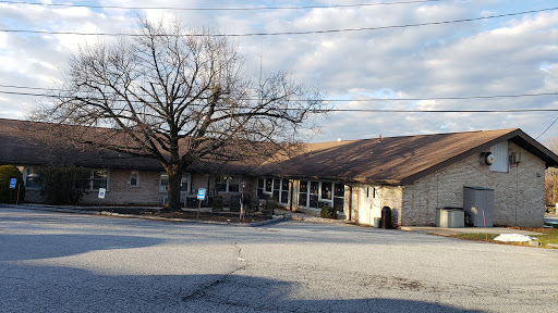 A quaint building surrounded by a large tree under a cloudy sky.
