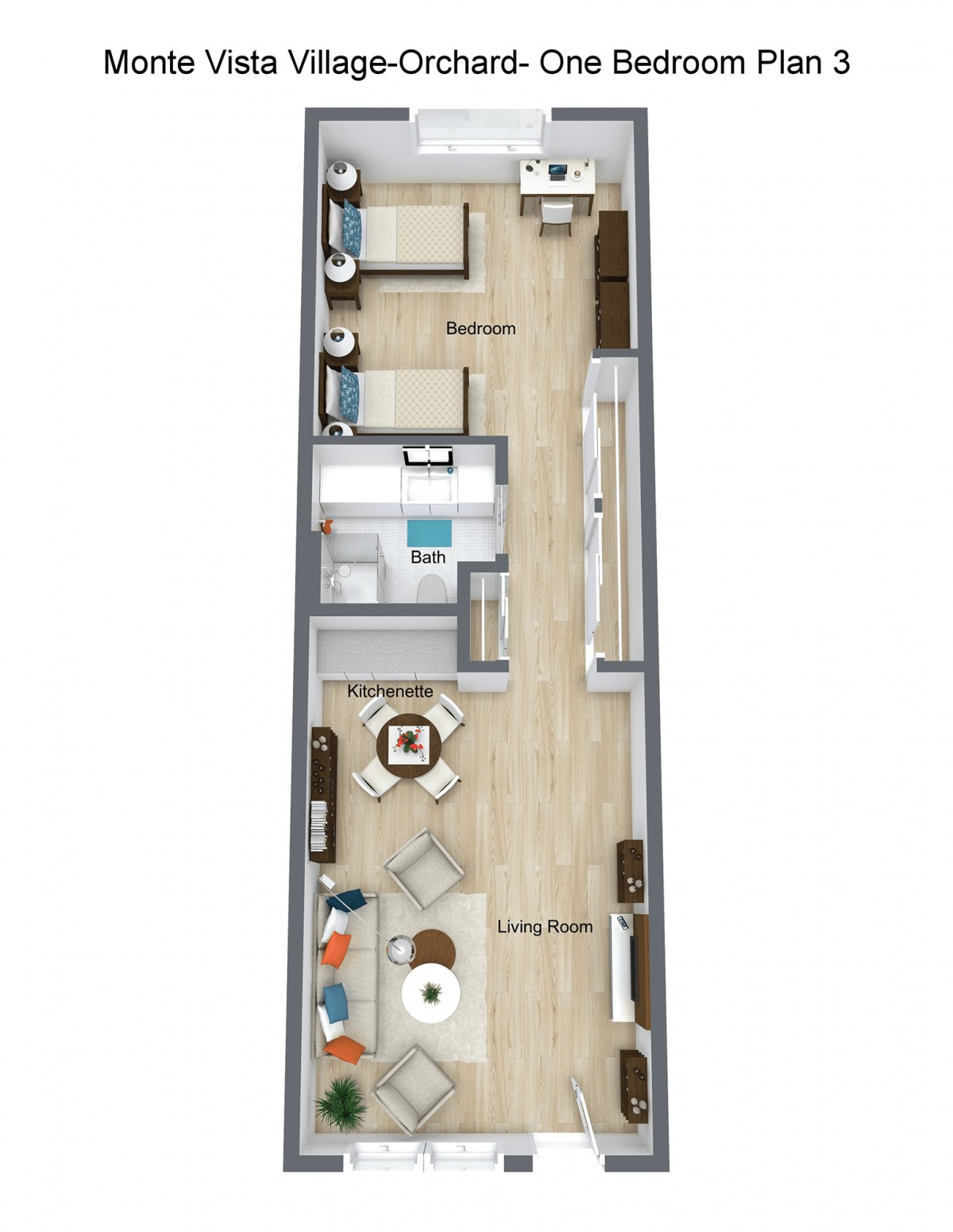 A detailed floor plan of a modern apartment, showcasing the arrangement of rooms including a living room, kitchen, bedroom, and bathroom.