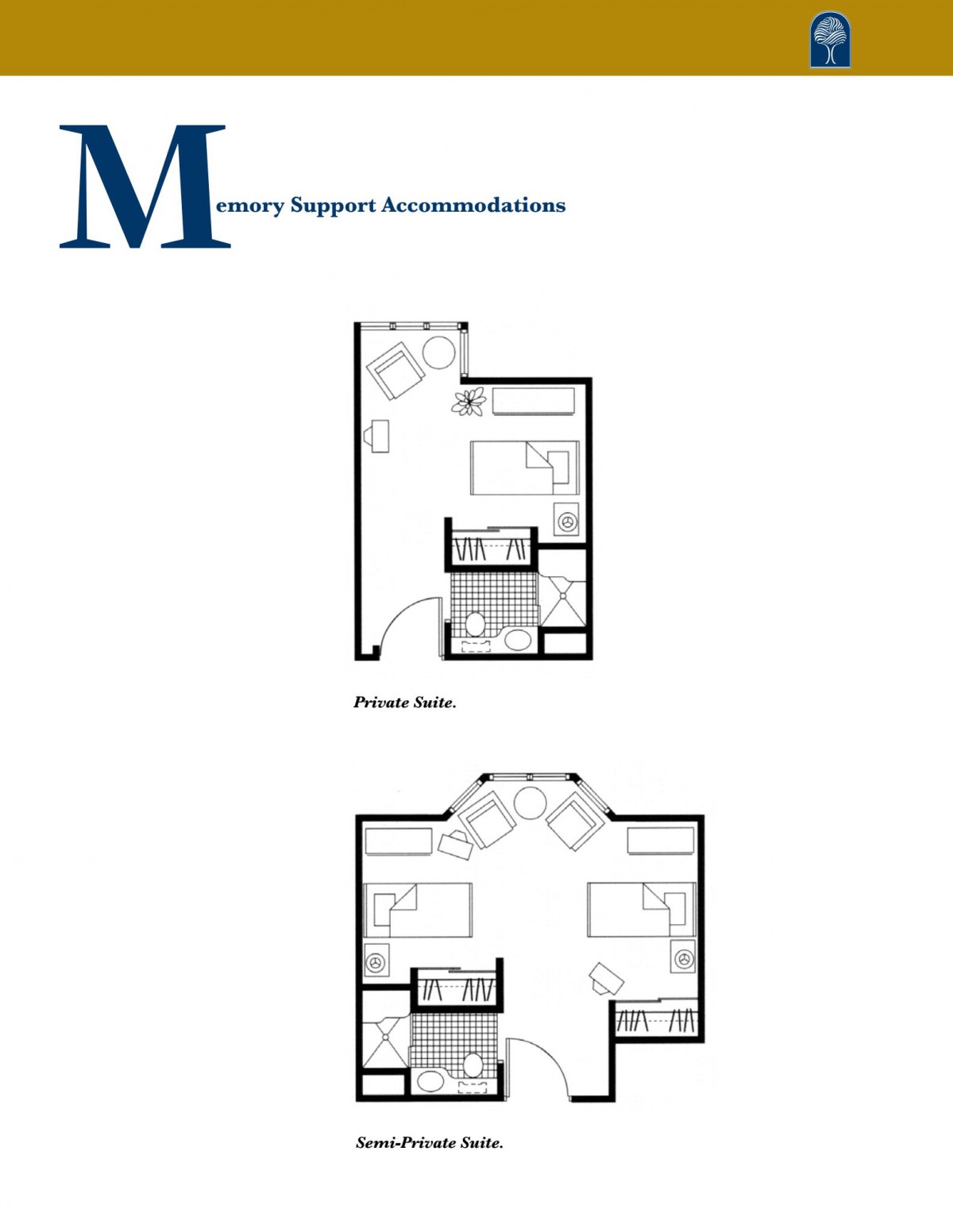 Floor plans for memory support accommodations.