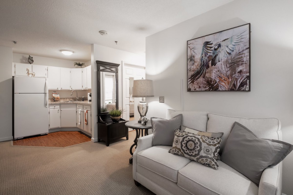 A cozy living room with a white sofa, decorative pillows, and artwork on the wall.